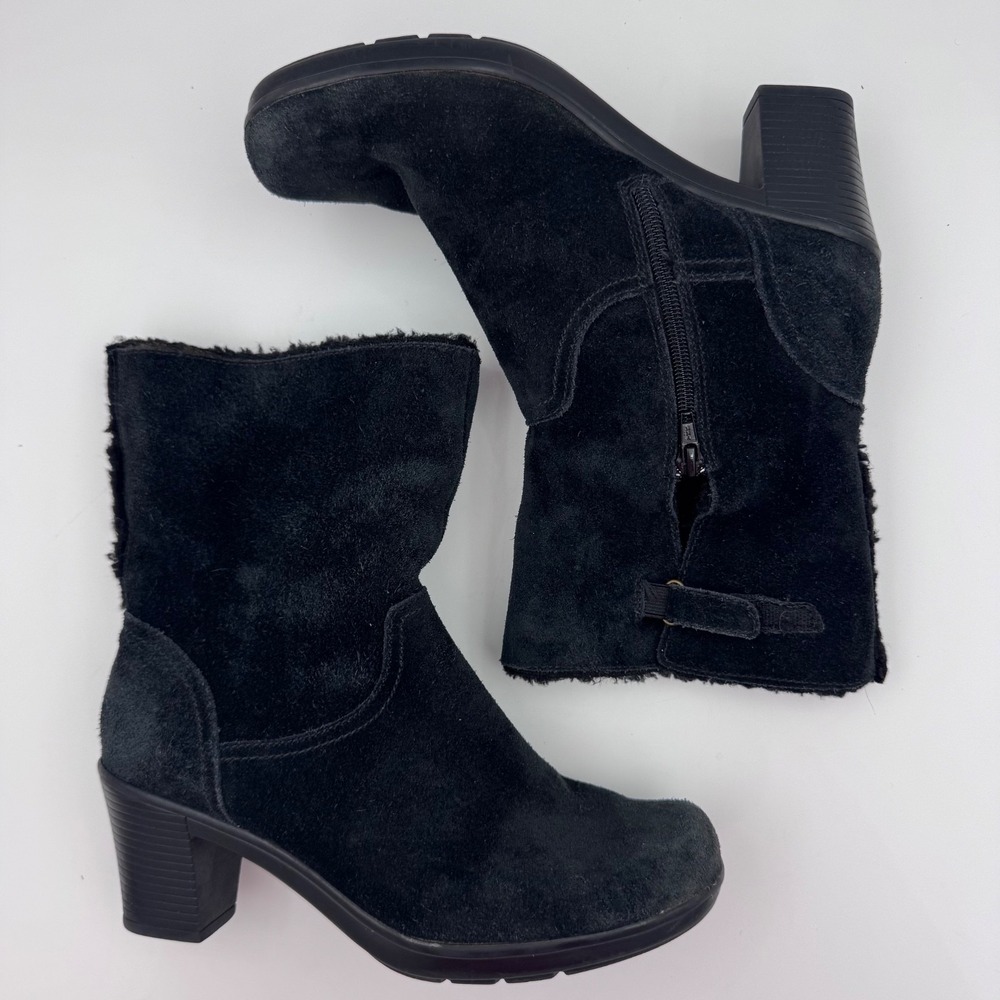 Clarks Womens Black Suede Faux Fur Lined Ankle Boots Block Heel Size 7W 39384
